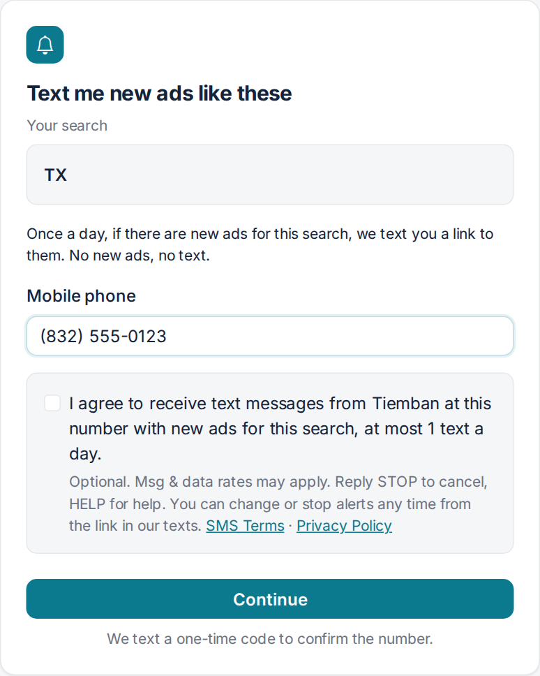 The text alerts form: mobile number and the unticked box