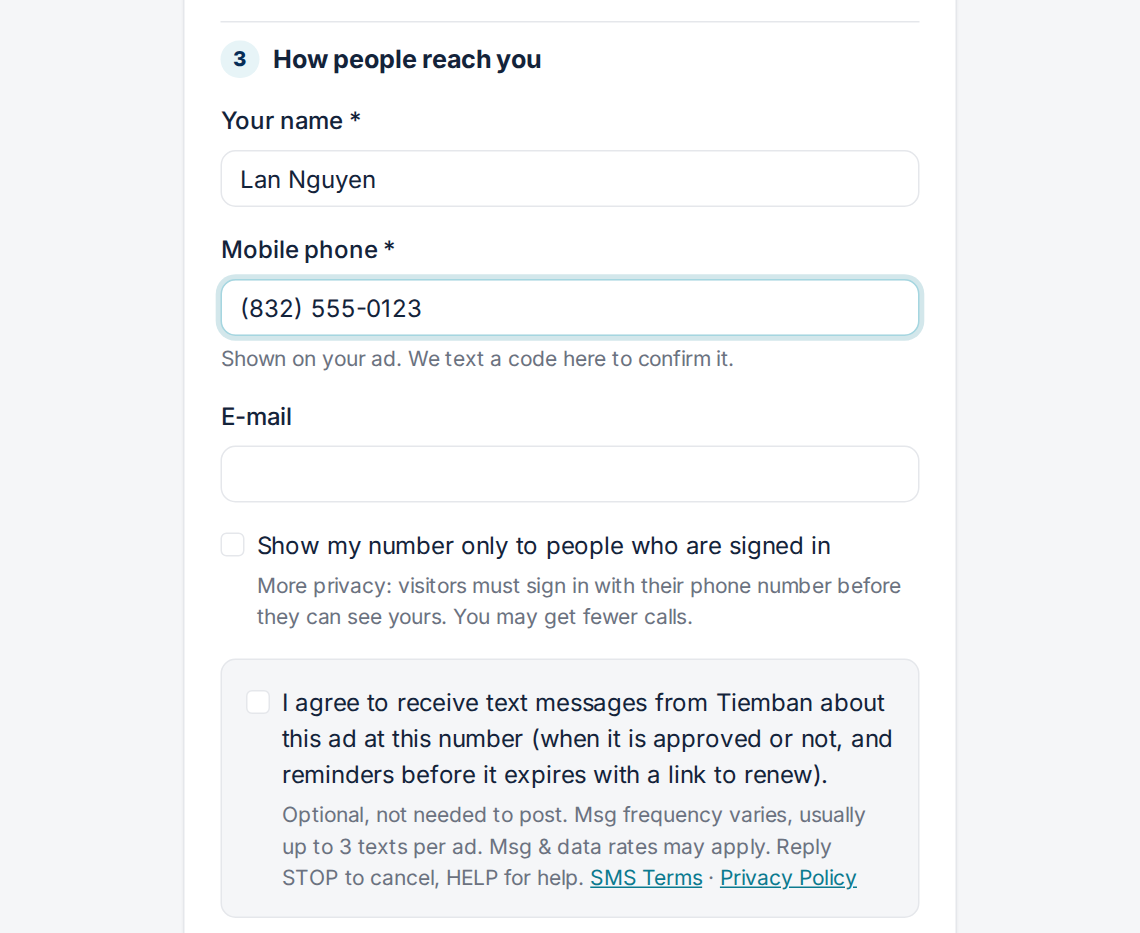 The ad form: mobile number and the unticked texts box